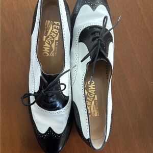 Vintage Salvatore Ferragamo Black and White Brogue Loafers